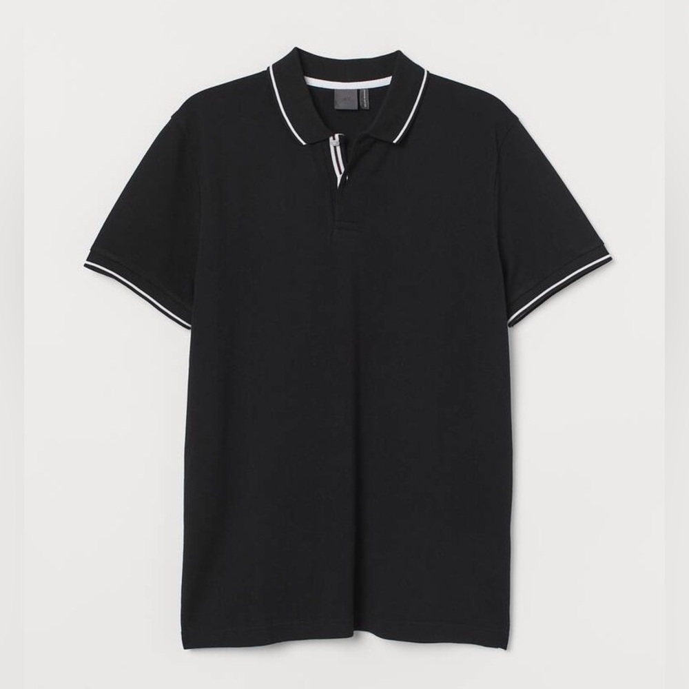 H&M Men’s Slim Fit Black Polo Shirt | Tagged L (Fits S/M) | White Trim - Picture 3 of 8